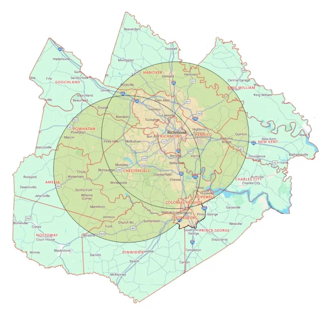 Commonwealth Construction & Remodeling service area map covering Richmond, Chesterfield County, and Henrico County