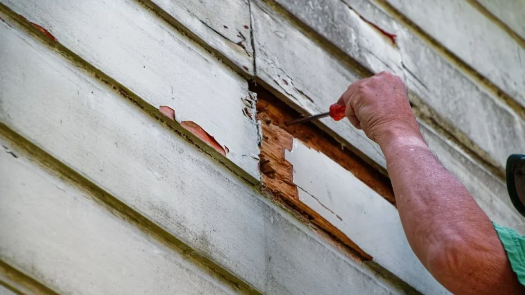 rotting siding with man poking screw driver to test the rotting wood and underneath