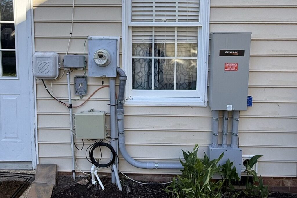 Electric meter and Generac automatic transfer switch on a home exterior
